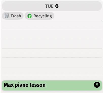 Trash and Recycling reminder chips under Tuesday on the Callie TV board