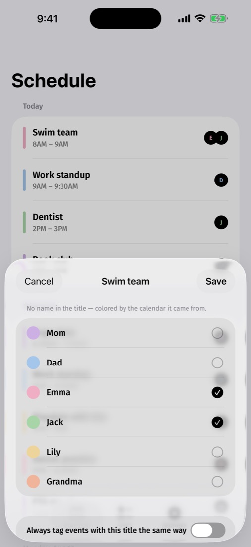 Assigning a person to an event in Callie on iPhone