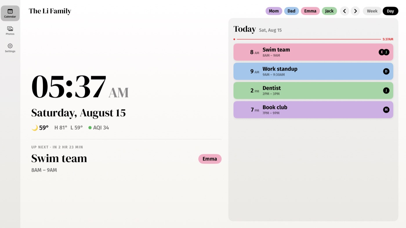 The Callie day view on a TV showing calendar events